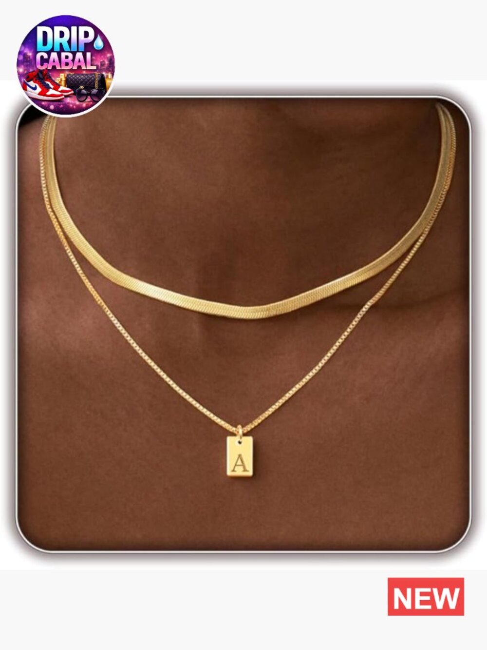 14K Gold Plated Layered Initial Necklace Set - Dainty Herringbone Choker &